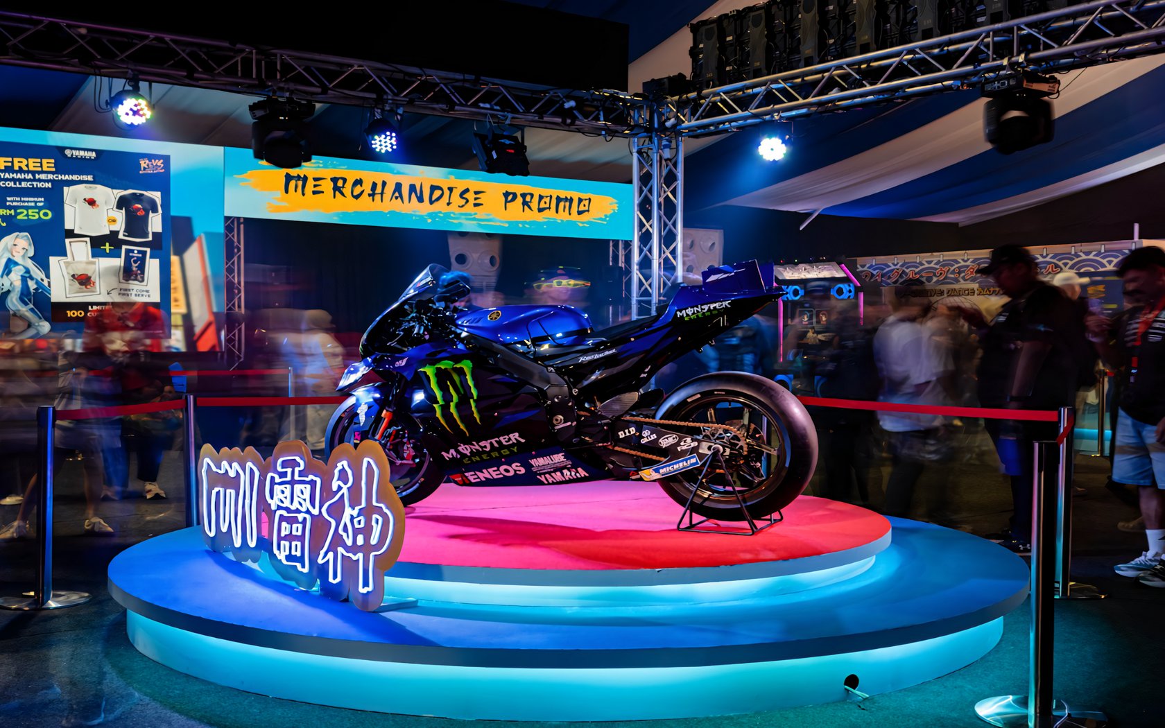 Yamaha MotoGP 2025 bike on display at the Akihabara-inspired custom tent